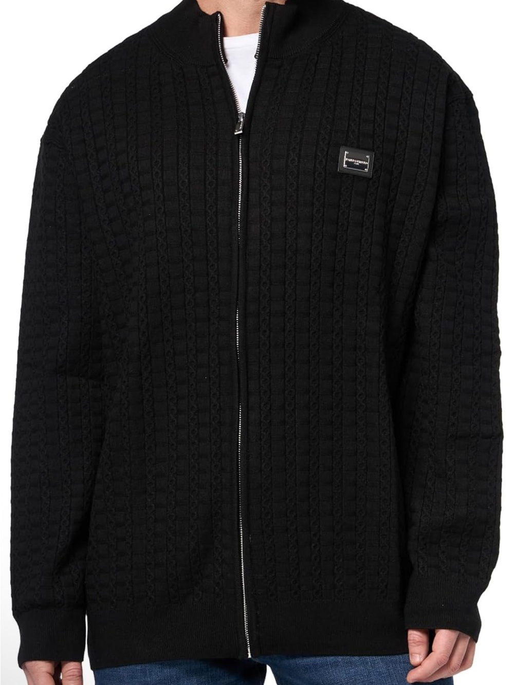Karl Lagerfeld Paris Men's Black Full-Zip Cable Knit Sweater